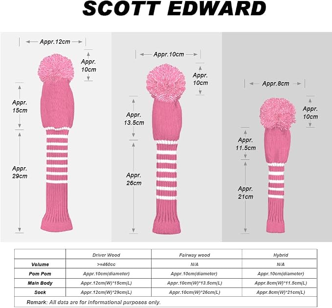 Scott Edward Golf Headcover Set of 5 PCS, Driver Wood Cover *1, Fairway Wood Cover *2, Hybrid Cover * 2, with Rotating Number Tags