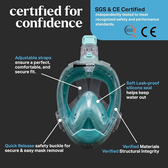 Seaview 180 Sport Full Face Snorkel Mask Adults, 180 Degree Panoramic View, Anti Fog, Dry Top Snorkeling Gear for Adults & Youth with Detachable Camera Mount for Ocean, Beach & Travel