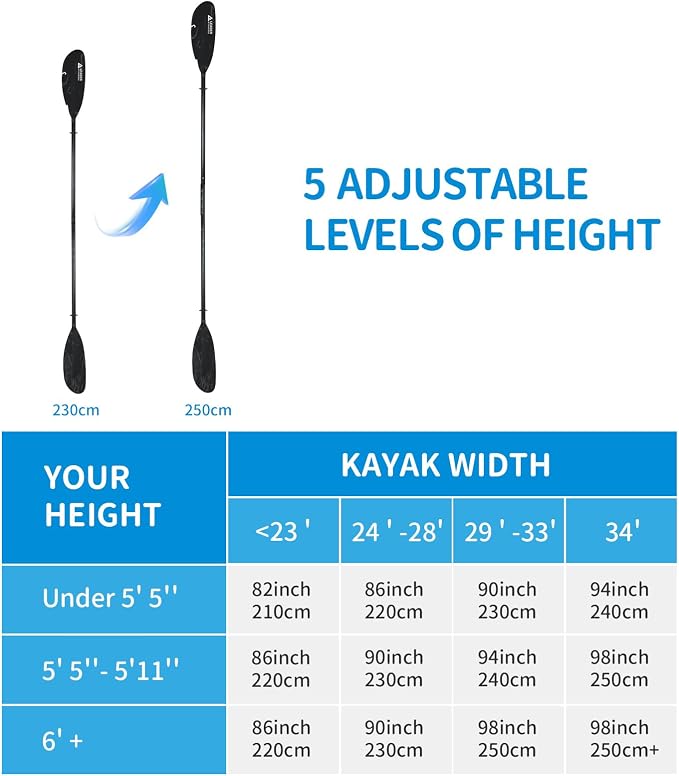 Leader Accessories Adjustable Kayak Paddle Boat Oar: Kayak Canoe Paddles 90-98 inch/230-250cm - Aluminum Floating Kayaking Fishing Oars with Paddle Leash for Adults Youth