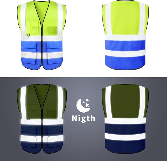 Safety Vests,Hi Vis Vest Reflective Vest with 5 Pockets and Zipper for Men Women, Neon Working Vest for Outdoor One Size
