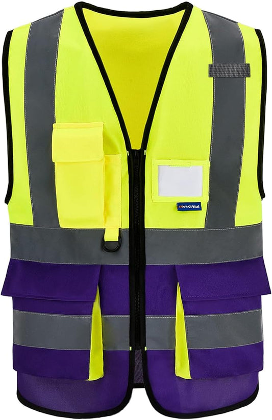 Yellow&Purple 4XL-5XLHigh Visibility Safety Vest with ZIPPER 4 Reflective Strips 7 Pockets