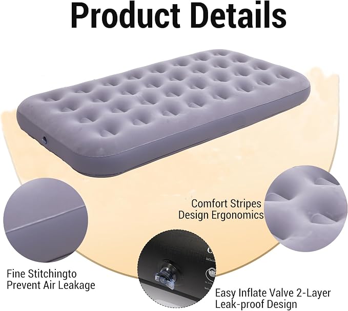 Onirii Twin Size Single Camping Air Mattress Bed with Air Pump | 75"x 39"Thickened Portable Inflatable Mattress Blow Up Air Mattress,Travel Sleeping Bed Pad for Camping Home Hiking(Gray)
