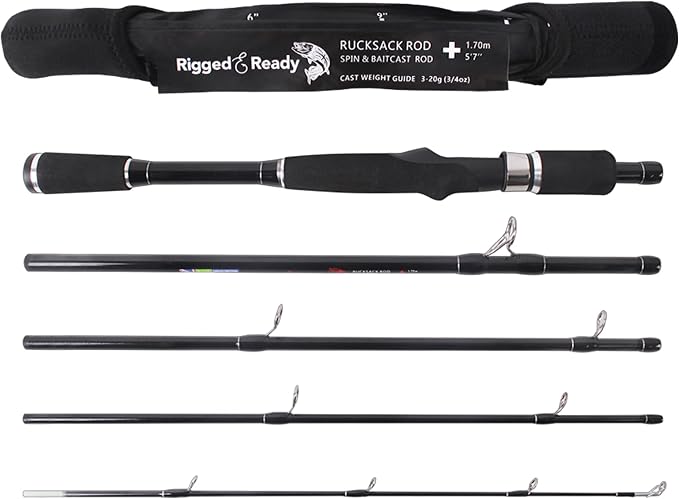 Rigged and Ready Travel Fishing Rucksack Rod 6’ 182 cm. Compact Length 15.5’ 40 cm