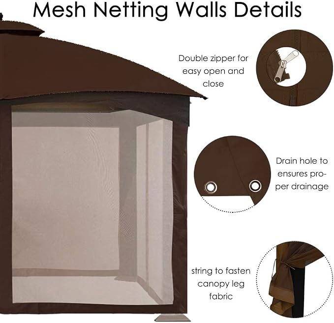 CoastShade 8x8 FT Gazebo Mosquito Net Replacement with 42 O Hooks and 42 J Hooks - Fits 8'x8' Outdoor Canopy Screens,Brown