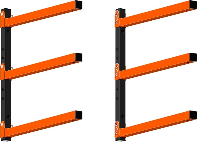 Homydom Heavy Duty Wall Mounted Lumber Storage Rack, 3-Level, 4 Pack Metal Garage Shelving System for Wood, Pipes & Skis, 300 Lbs Capacity Organizer Bracket (Black/Orange)