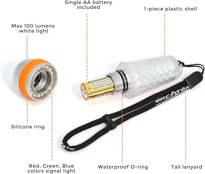 ORCATORCH SD03 Dive Signal Light 4-Color-in-1 (Blue, Red, White, Green) 8 Modes Scuba Diving Beacon with Constant and Flashing Modes, Mini Scuba Tank Marker Light for 100M Underwater Diving