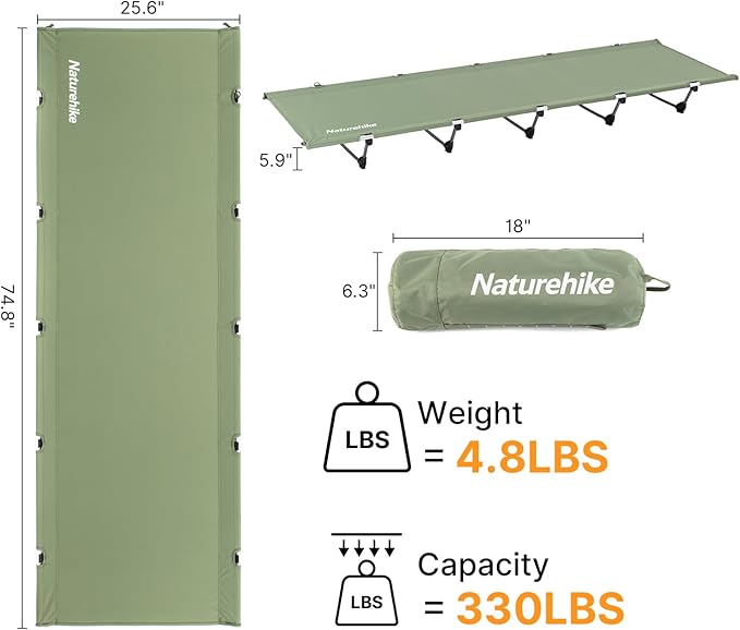 Naturehike Camping Cot, Ultralight Folding Backpacking Cot, 60-Second Easy Set-Up, Supports 330lbs, Portable Camping Bed for Adults Hiking Travel Home