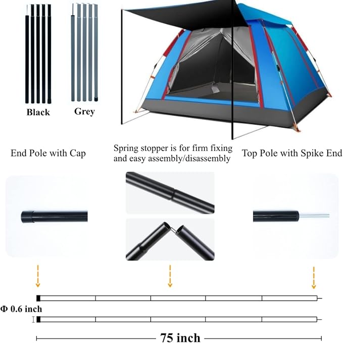 Adjustable Tent Poles Steel Rods for Tarp Canopy Camping Replacement Set of 2 (Grey)
