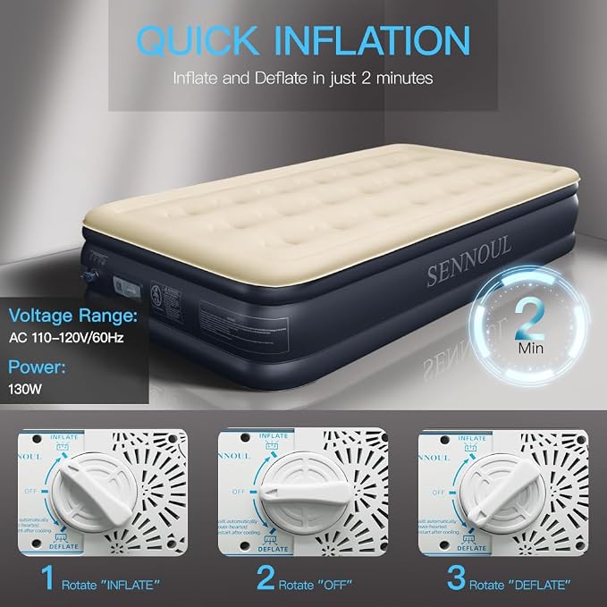 SENNOUL Air Mattress Twin with Built in Pump - Upgraded Single Blow Up Bed, 2 Mins Quick Self Inflatable, 18"/550lbs Max, Strong Support, Flocked Top, Puncture Resistant, for Camping,Home,Guests