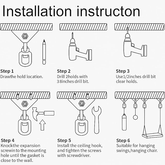 Hammock Hanging Kit, 360° Rotating Heavy Duty Swing Chair Hook 1200 lbs Capacity, Ceiling Mount Hammock Chair Hardware with Carabiner for Indoor Outdoor Yoga, Tree, Porch, Seat, Home Gym