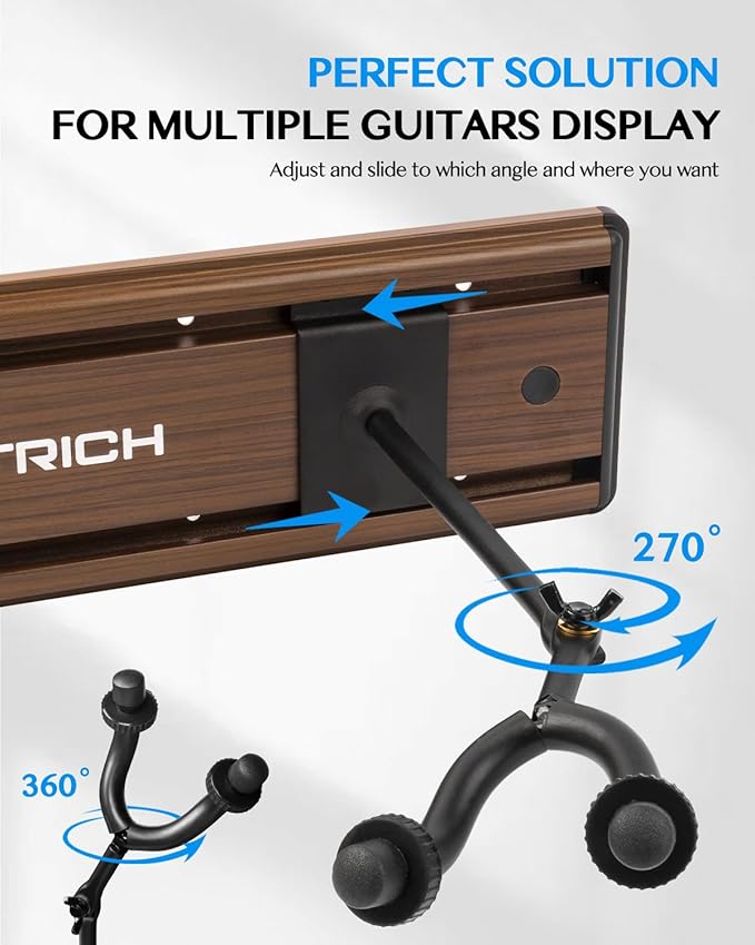 STRICH Guitar Wall Mount Hangers - Holds 5 Guitars, Walnut Wood Grain, Strong Aluminum Metal Stand Rack, Adjustable Display Set, SMH-05W