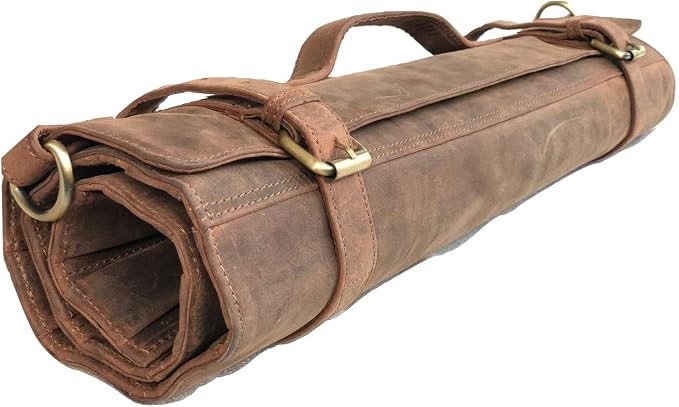 vintage crafts Genuine Buffalo Leather Knife Roll Set Chef's Knife Holder Cutlery Sheath Artist Case Organizer Storage bag Travel Friendly Gift for Men & Women (Light Brown)