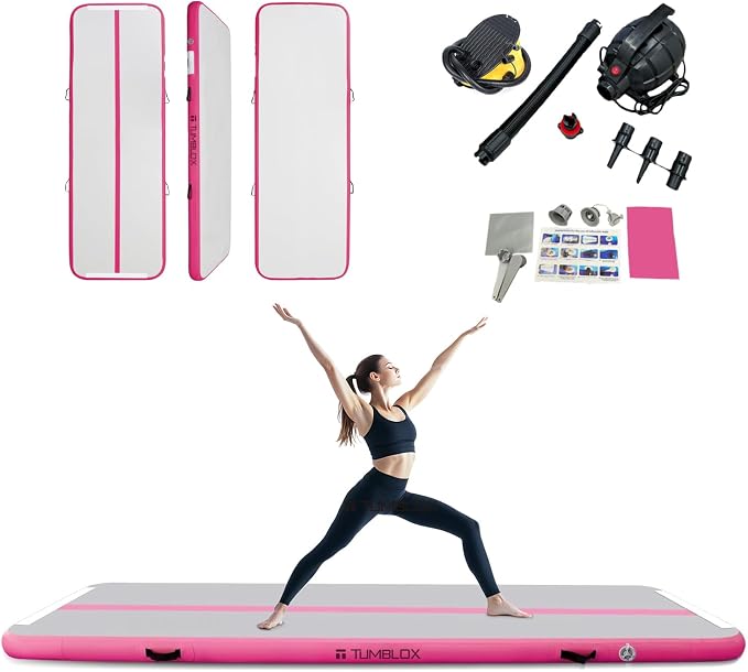 Air Gymnastics Mat Inflatable & Tumbling Mat – 4/8 Inches Thick with Electric Pump + Free Foot Pump – Ideal for Home, Gym, Water, and Beach Use