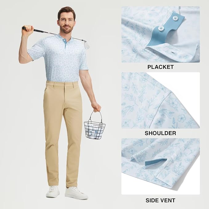 M MAELREG Golf Shirts for Men Collarless Performance Dry Fit Stretch Henley Casual Printed Mens Polo Shirts Short Sleeve