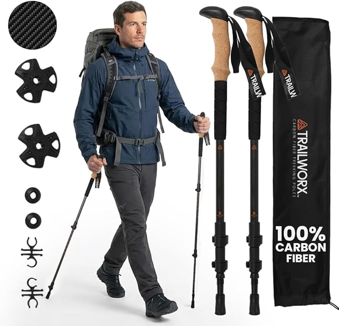 3K Carbon Fiber Trekking Poles, Collapsible Set of 2 Lightweight Adjustable Hiking Poles 24.5"-54" with Cork Grip, Tungsten Carbide Tips, Black, Includes Carry Bag, Snow & Mud Baskets