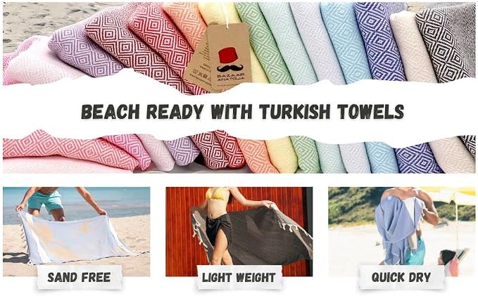 Bazaar Anatolia Turkish Beach Towel – 100% Cotton, Quick Dry, Sand Free Towel for Bathroom, Camping, Travel, Royal Navy – Oversized 71x39 Inches – Diamond Dark Blue