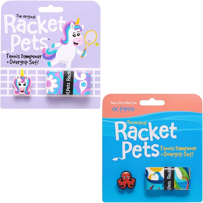 Racket Pets Kids Tennis Racket Dampener & Matching Overgrip Tape, Unicorn & Octopus