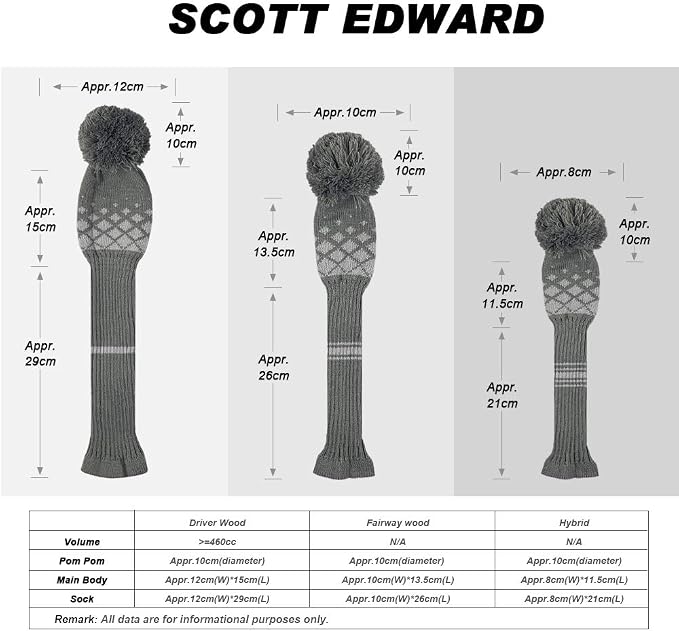 Scott Edward Knit Wood Golf Club Head Covers 4 Pieces Knitted Item Fit Over Well Driver Wood(460cc) Fairway Wood and Hybrid(UT)
