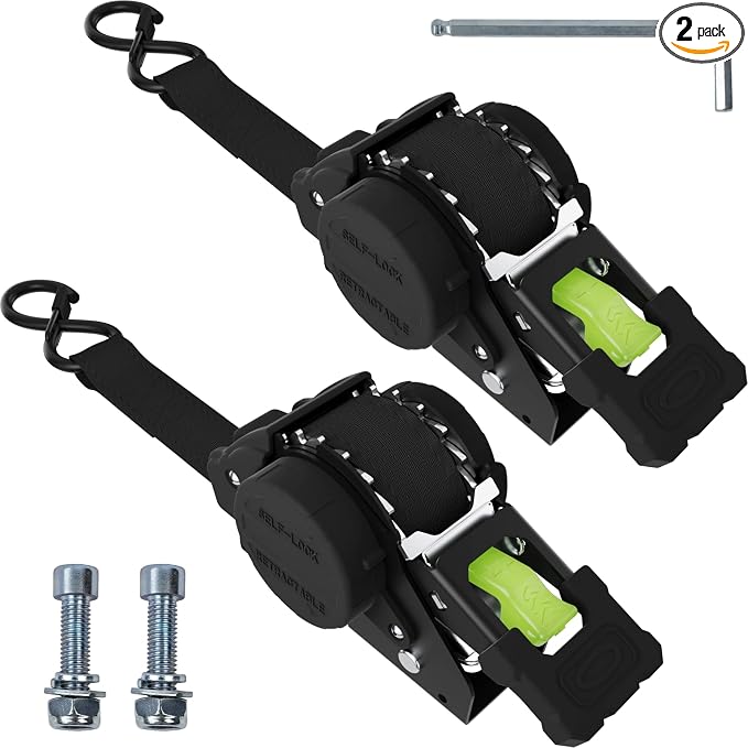 Boat Transom Retractable Ratchet Straps 2 Pack – 1″x11′ 1760lb Break Strength,Bolt On Tie Down Straps for Truck Bed,Trailer, Self-Retracting Mountable Cargo Straps
