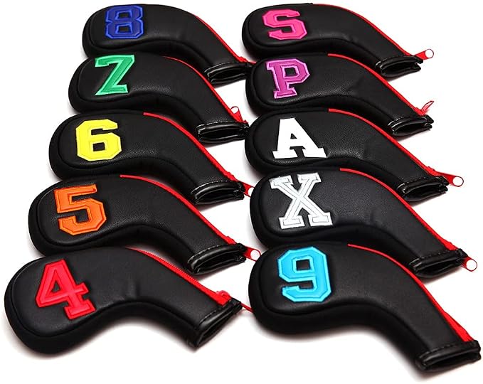 Colorful Number Golf Iron Head Covers Iron Headovers Wedges Covers 4-9 ASPX 10pcs (Black with Zipper)