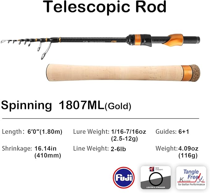 PURELURE Travel Telescopic Fishing Rods, Collapsible Fishing Pole 6ft/7ft | 24+30 Ton Carbon Fiber Spinning Casting Rod, FUJI New O-Ring, Detachable Cork Handle, Multi-Action Guide Ring System
