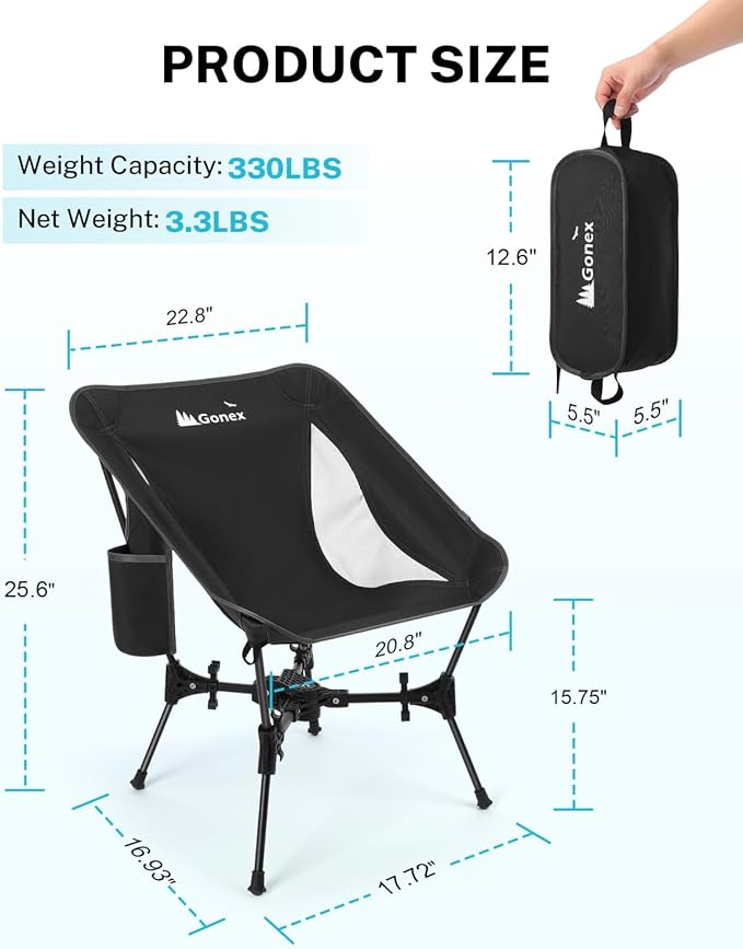 Gonex Portable Camping Chair, The 5th Gen Ultralight Compact Backpacking Foldable Lightweight Folding Chair for Outdoor Camp Hiking Beach Picnic Concert, Supports 330lbs (Black, 1 PCS)