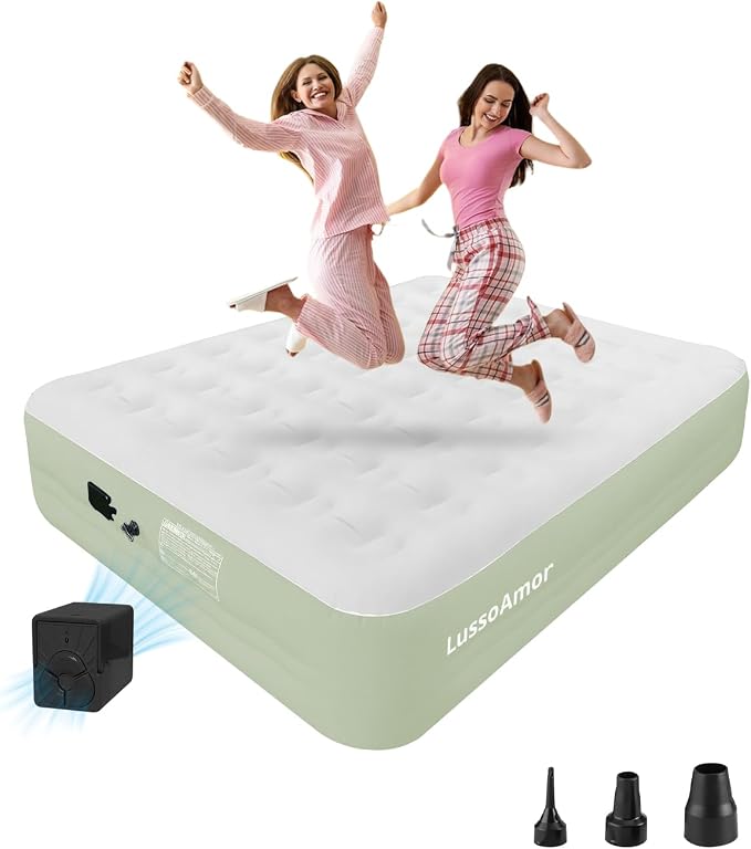 Queen Size Air Mattress with Built in Pump, 18'' Raised Blow Up Bed Inflatable Mattress for Camping & Travel, 3-Minute Quick Inflation/Deflation,Thick Velvet Texture Waterproof,18'' Green