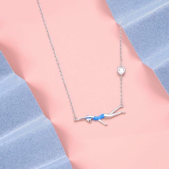 925 Sterling Silver Heart CZ Cute Swimming Girl Pendant Necklace for Women Teen Swimmer Coach Gift
