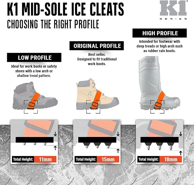 K1 Mid-Sole Intrinsic Ice Cleats for Men & Women - Rotatable Non-Sparking Traction Aids for Winter Snow - Low Profile