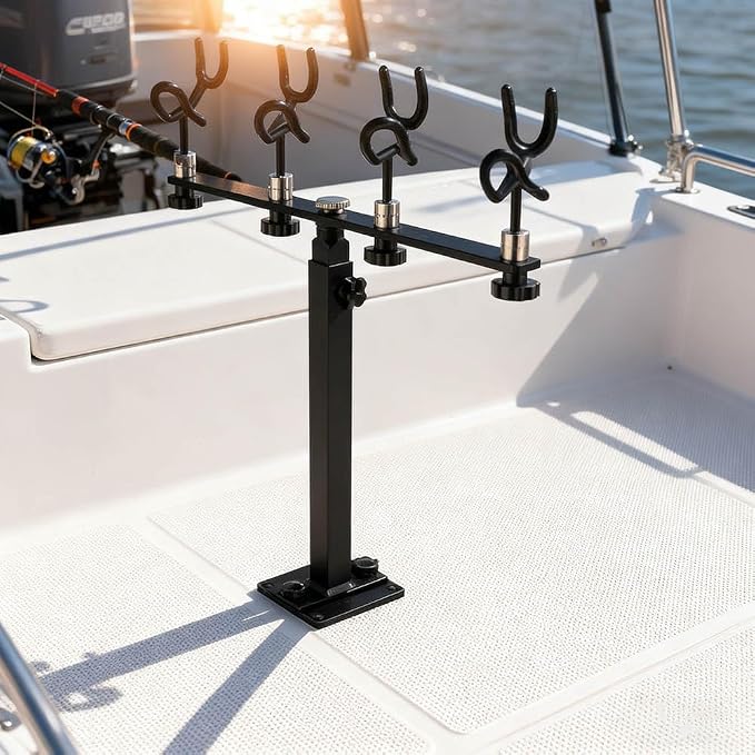 360 Degree Rotation & Adjustable Height Fishing Rod Holder with 4 Head, Marine Fishing Pole Rack with Mounting Plate, Multi-Functional Aluminum Fishing Rod Support for Wide Occasions