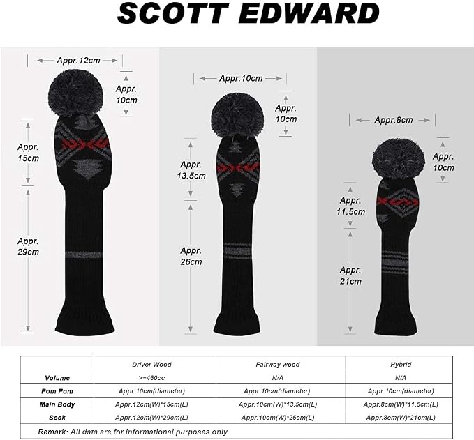 Scott Edward Knit Golf Club Cover for Woods and Driver Set of 5 Head Covers Protect Driver Wood(460cc)* 1 Fairway Wood*2 and Hybrid/UT*2 with Rotating Club Number Tags