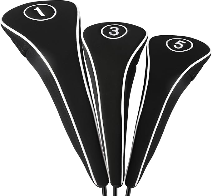 Golf Club Head Covers with Zipper - Balck Golf Club Covers for Woods and Driver Fairway Hybrids, Golf Accessories Headcovers Set
