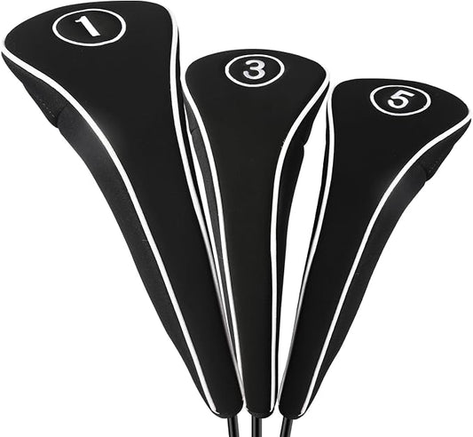 Golf Club Head Covers with Zipper - Balck Golf Club Covers for Woods and Driver Fairway Hybrids, Golf Accessories Headcovers Set