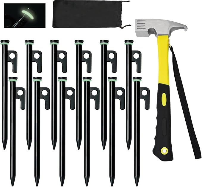 12 Pack Tent Stake with Hammer, 8in Heavy Duty Tent Stakes + 10in Camping Hammer+Storage Pouch, Forged Steel Stakes for Camping Used on Rocks