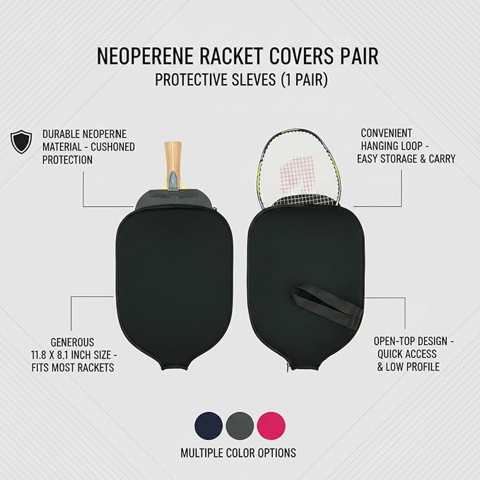 2-Pack Neoprene Racket Covers for Table Tennis & Badminton, Protective Storage Sleeves with Hanging Loop, Scratch-Resistant Paddle Cases