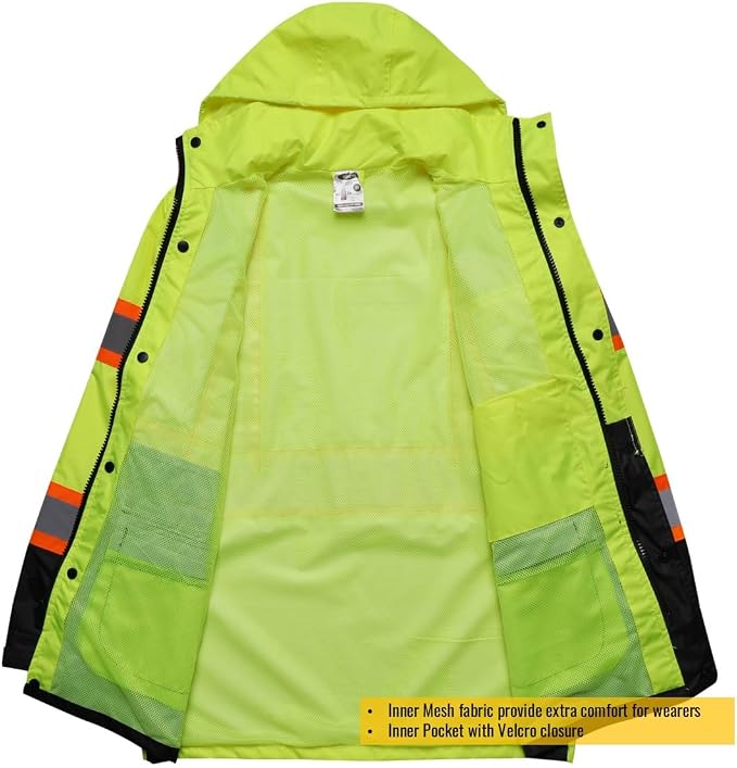 JKSafety Hi-Vis Reflective Safety Rain Jacket for Men Women Waterproof Rain Gears for Farming Fishing Work HV Rain Jacket with Inner Mesh Lining and Pockets (117A-YBlk M)