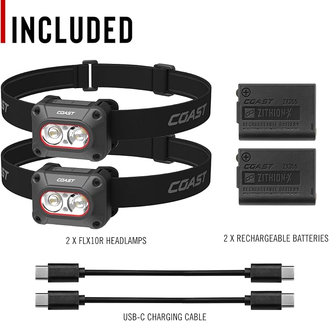 Coast FLX10R 1000 Lumen Waterproof USB-C Rechargeable LED Headlamp, Red & Green Light Modes, Flood & Spot, 2-Pack