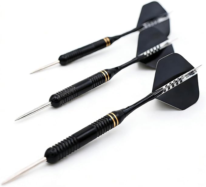Professional Steel Tip Darts Set, 23g Brass Barrel with Aluminum Shafts, Black, 6-Pack with Extra Flights and Accessories Kit
