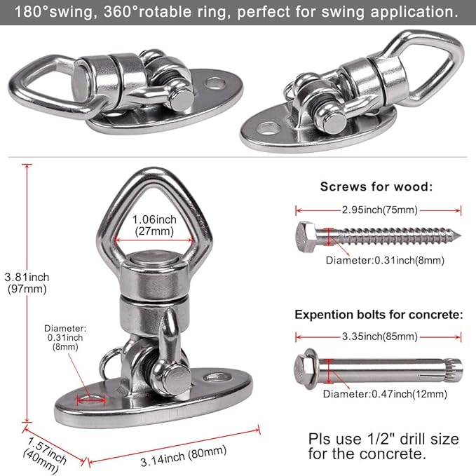 BeneLabel Swing Hanger with Bearing Swivel 800LB Capacity Stainless Steel Ceiling Mount Bracket Hanging Kit for Aerial Silks, Swings, Hammocks, Hanging Chair, Aerial Hoop, Heavy Bag, Yoga Swing