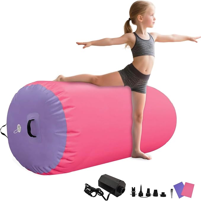 Air Roller Gymnastics Barrel Inflatable Tumbling Roller Air Mat with Electric Pump for Backhandspring Training Yoga Cheerleading Home Use Gym