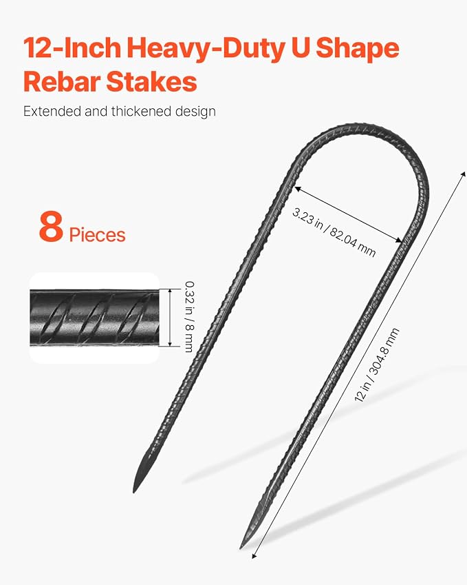 VEVOR Rebar Stakes, 12-Inch, Heavy-Duty 0.32 in Diameter U Shape, Galvanized Steel Ground Anchors with Chisel Point End & Rust-Resistant Coating, for Gardening Support, Fence, Camping Tents (8-Pack)