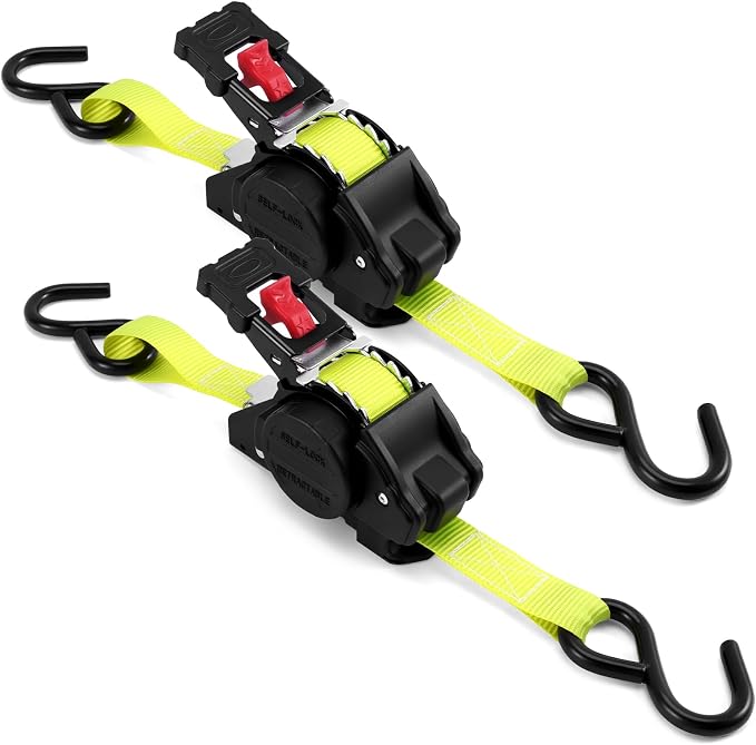 LEVELEVE Retractable Ratchet Tie Down Straps (1" x 10FT, 2-Pack, Yellow) - Heavy Duty 1760LBS Break Strength Quick-Lock, Weather Resistant for Moving, Cargo, Trucks & Boats