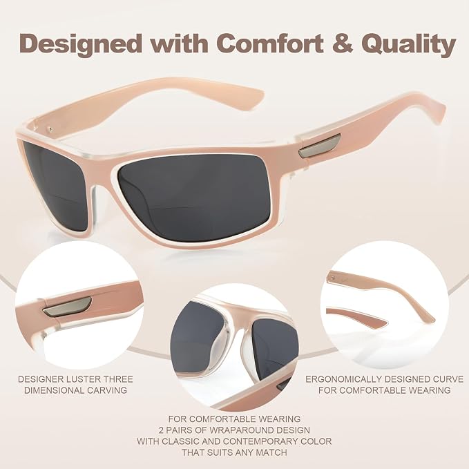 Missfive 2-Pack Bifocal Sunglasses with Readers Built In Sporty Upgraded Wrap Frame, UV400 Protection Driving & Reading Glasses for Outdoor +1.75 (Soft-Tone)