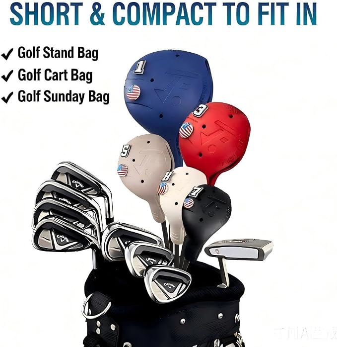 Snap-On Golf Club Covers for Right-Handed Golf Clubs, Easy On Off in 1 Second, Fits 460cc Drivers, Washable EVA Plastic with Shaft Lock, DIY Pins for Customization