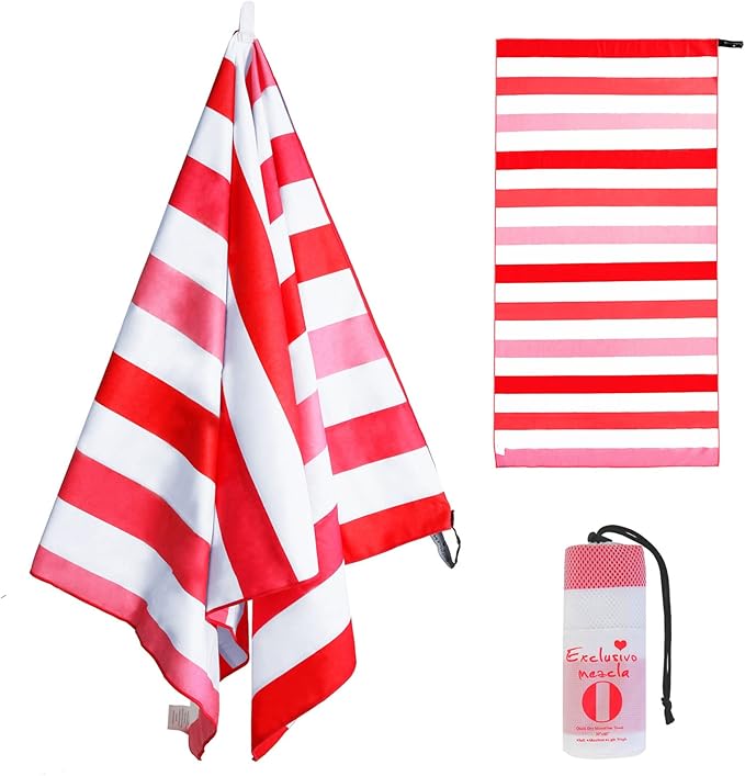 Exclusivo Mezcla Microfiber Quick Dry Beach Towel, Large Lightweight Sandfree Pool Towel for Swimming Camping Travel with Bag (Stripe Red, 30x60 Inches)