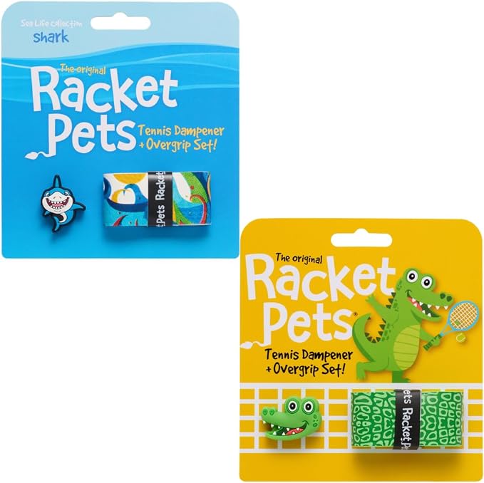 Racket Pets Kids Tennis Racket Dampener & Matching Overgrip Tape, Shark & Alligator