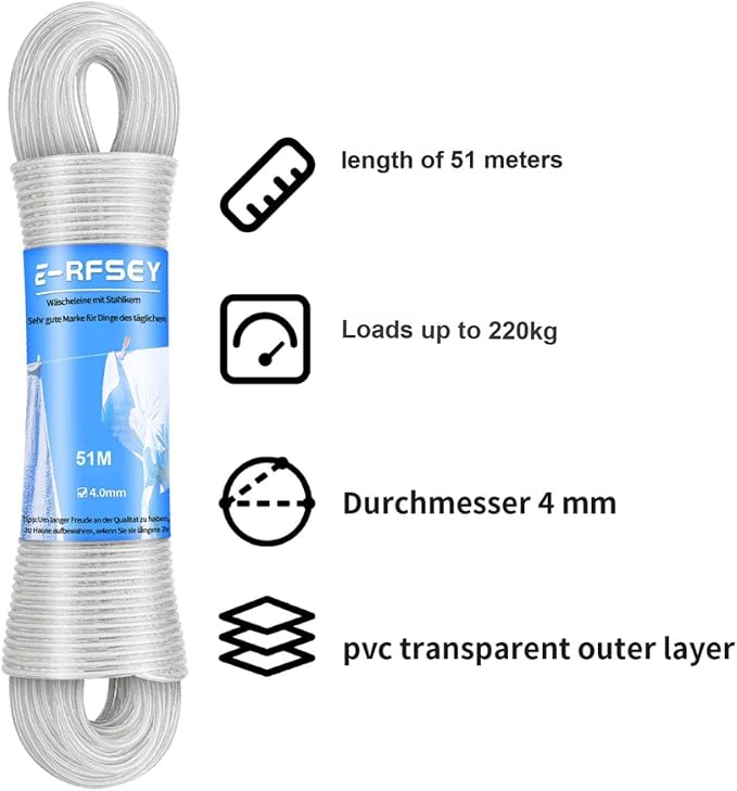 Super Strong 167ft Clothesline - Outdoor Clothesline, Waterproof and Rustproof, Extremely High Load-Bearing Capacity, Suitable for Gardens and Balconies (4mm Diameter)