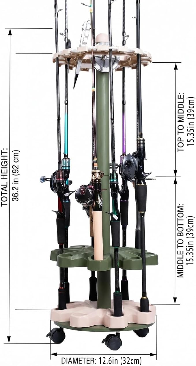 360° Rotating 16-Rod Fishing Rod Holder Rack with Wheels, Rolling Storage Stand for Rods & Combos, Space-Saving Organizer, Durable ABS Frame with Protective Rubber Pads