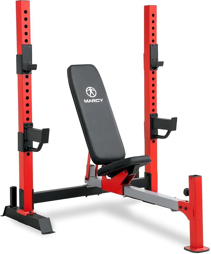 Marcy Deluxe Olympic Weight Bench with Adjustable Back & Bar Catch & Optional Arm Curl, Leg Developer, Lat Tower Attachments (Sold Separately), Personal Home Gym for Strength Training, Weightlifting