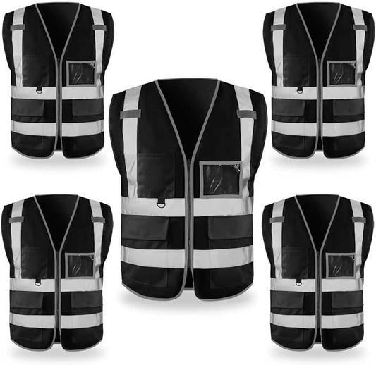 FATONE Hi Vis Safety Vest for Men with Reflective Strips, Class 2 High Visibility Vest with Pockets for Construction, Traffic, Warehouse, Security, Volunteer, 5 Pack Black, XL
